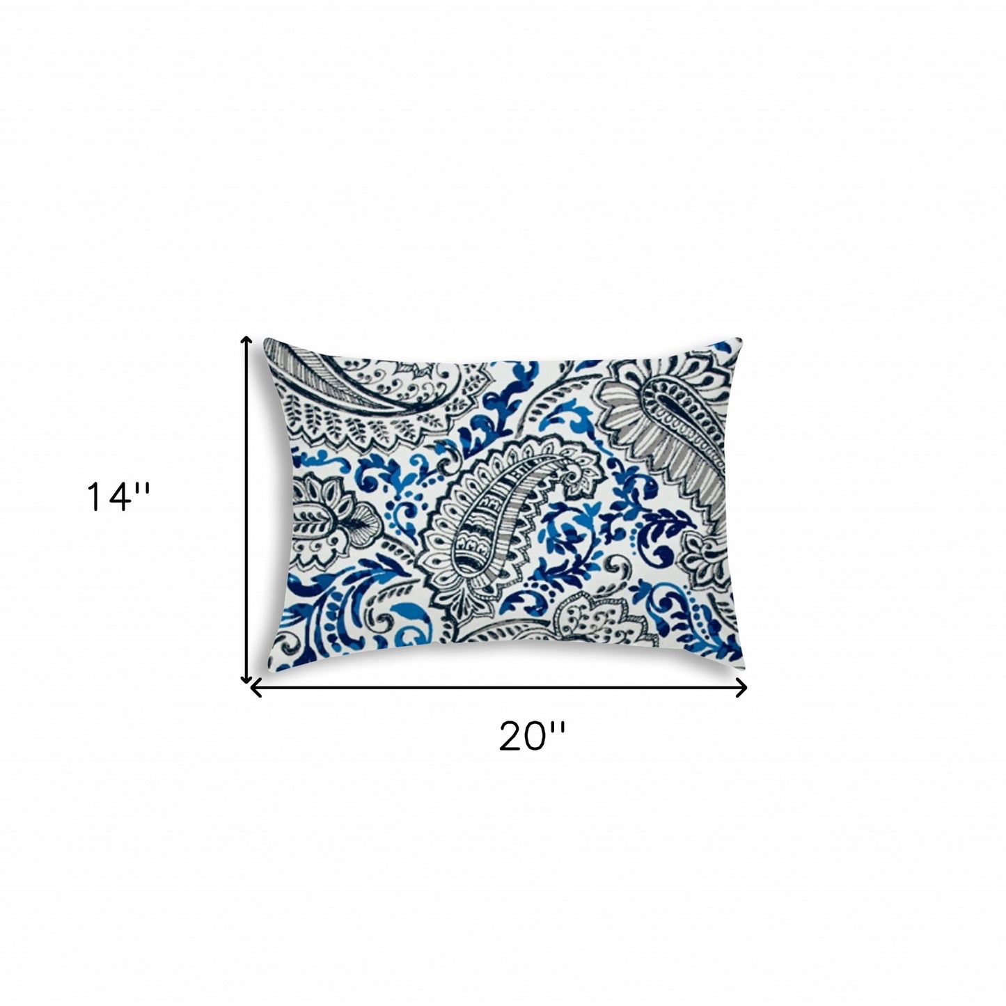 14" X 20" White And Blue Blown Seam Paisley Lumbar Indoor Outdoor Pillow