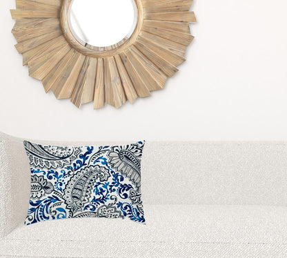 14" X 20" White And Blue Blown Seam Paisley Lumbar Indoor Outdoor Pillow