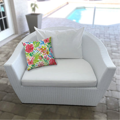 14" X 20" White And Green Blown Seam Floral Lumbar Indoor Outdoor Pillow