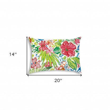 14" X 20" White And Green Blown Seam Floral Lumbar Indoor Outdoor Pillow