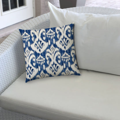 14" X 20" Indigo And Cream Blown Seam Ikat Lumbar Indoor Outdoor Pillow