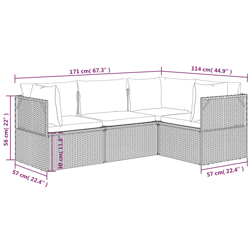 4 Piece Patio Lounge Set with Cushions Gray Poly Rattan