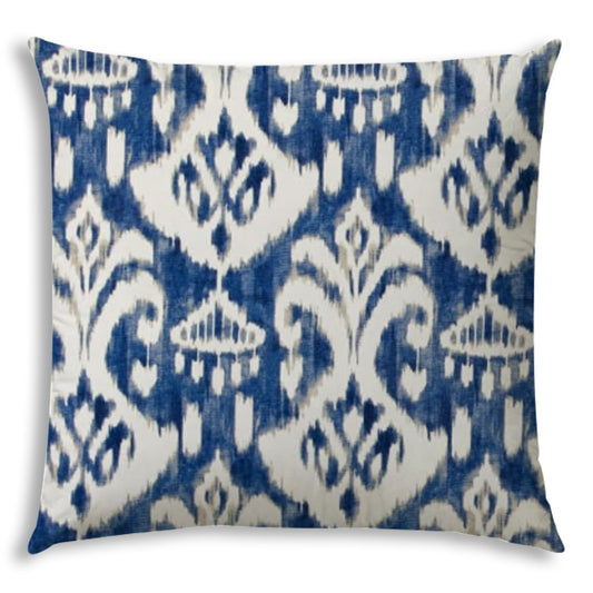 17" X 17" Indigo And Cream Blown Seam Ikat Lumbar Indoor Outdoor Pillow