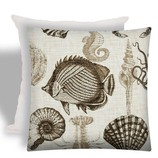 17" X 17" Brown And Natural Brown Fish Zippered Coastal Throw Indoor Outdoor Pillow