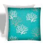 17" X 17" Aqua And White Corals Zippered Coastal Throw Indoor Outdoor Pillow