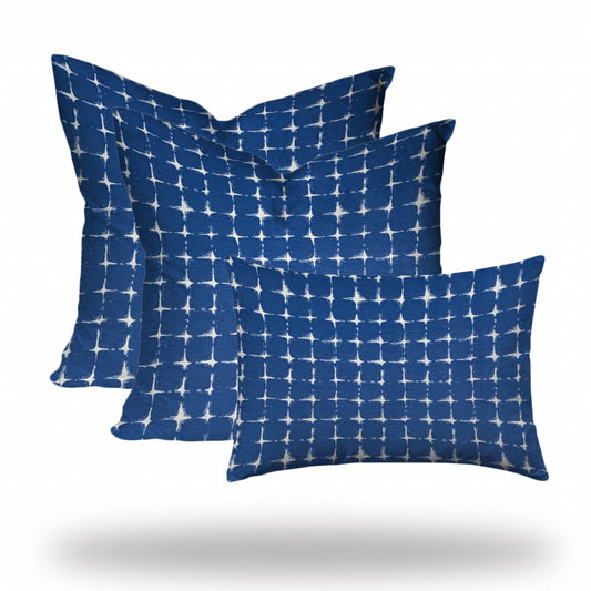 Set Of Three 20" X 20" Blue And White Zippered Gingham Throw Indoor Outdoor Pillow Cover