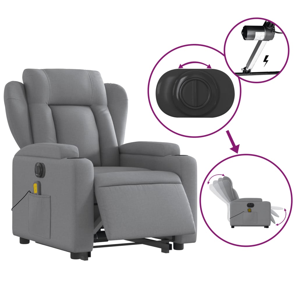 Electric Stand up Massage Recliner Chair Light Gray Fabric