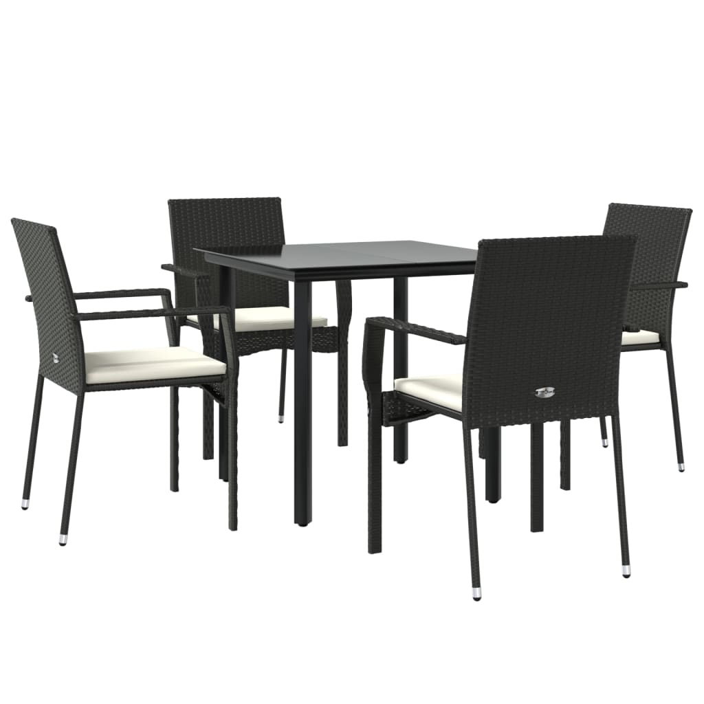 5 Piece Patio Dining Set with Cushions Black Poly Rattan