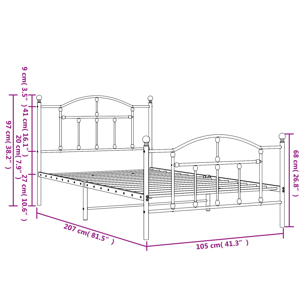 Metal Bed Frame without Mattress with Footboard Black 39.4"x78.7"