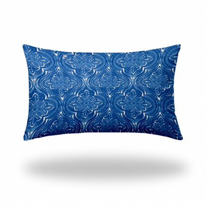 12" X 16" Blue And White Zippered Ikat Lumbar Indoor Outdoor Pillow