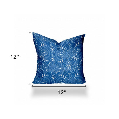 12" X 16" Blue And White Zippered Ikat Lumbar Indoor Outdoor Pillow