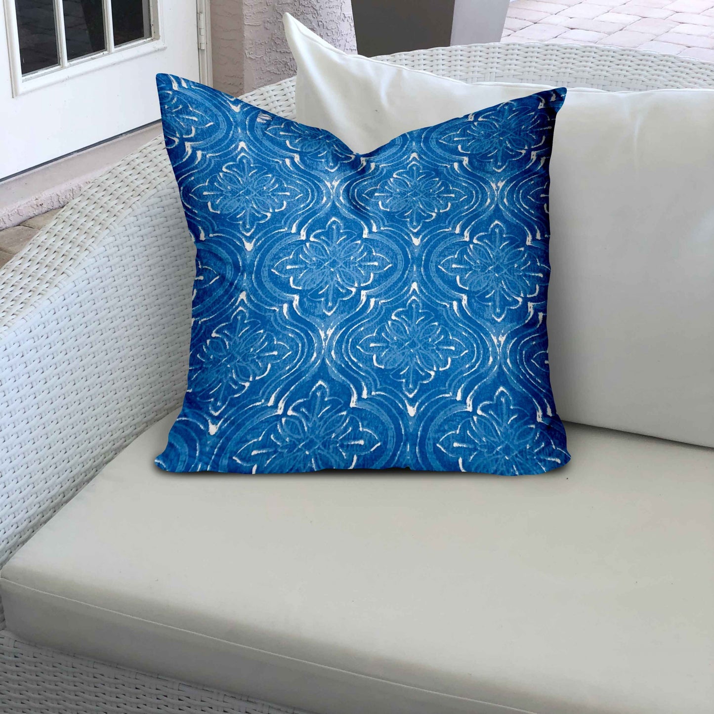 17" X 17" Blue And White Zippered Ikat Throw Indoor Outdoor Pillow