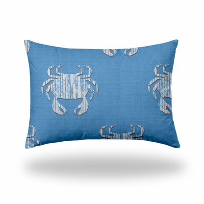 14" X 20" Blue And White Crab Blown Seam Coastal Lumbar Indoor Outdoor Pillow