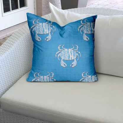 14" X 14" Blue And White Crab Enveloped Coastal Throw Indoor Outdoor Pillow