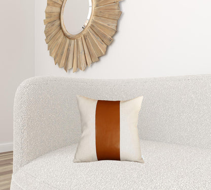 Set Of Two 17" X 17" Brown and Ivory Faux Leather Zippered Pillow Cover