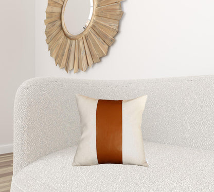 Set Of Four 18" X 18" Brown and Ivory Faux Leather Zippered Pillow