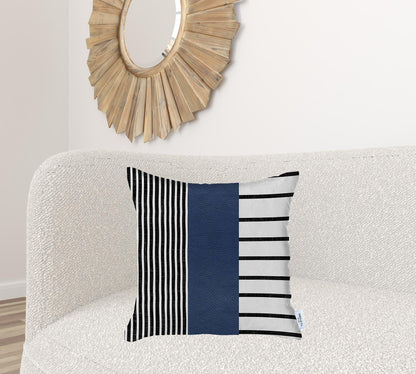 22" X 22" Navy Blue Striped Zippered Handmade Faux Leather Throw Pillow Cover