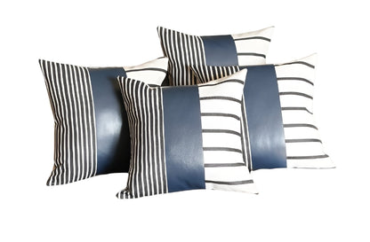 Set Of Four 22" X 22" Navy Blue Faux Leather Striped Zippered Pillow Cover