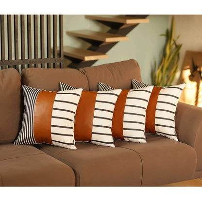 Set Of Four 20" X 20" Brown Faux Leather Striped Zippered Pillow