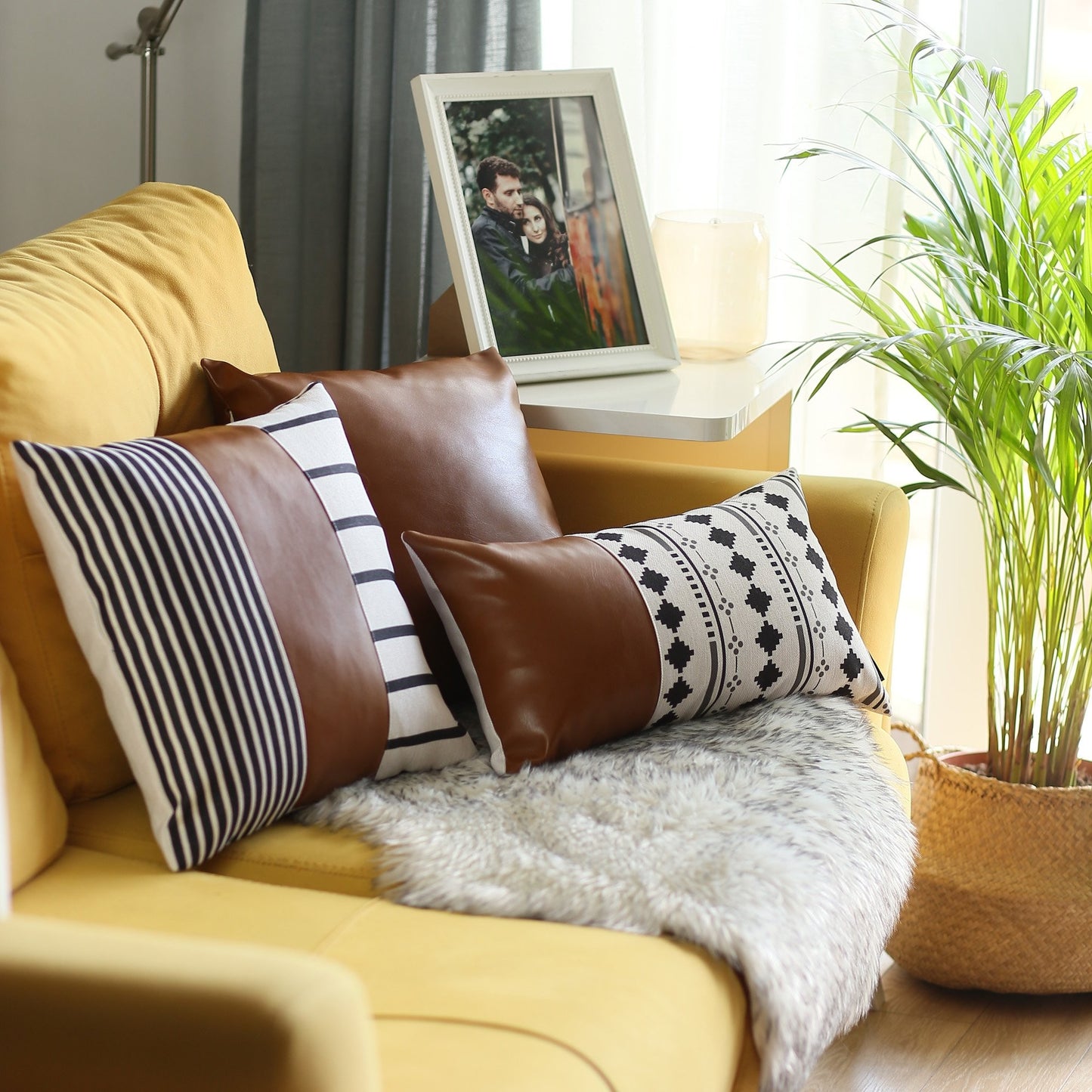 Set Of Four 20" X 20" Brown Faux Leather Striped Zippered Pillow