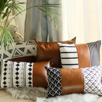 Set Of Four 20" X 20" Brown Faux Leather Striped Zippered Pillow