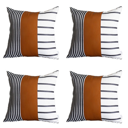 Set Of Four 20" X 20" Brown Faux Leather Striped Zippered Pillow