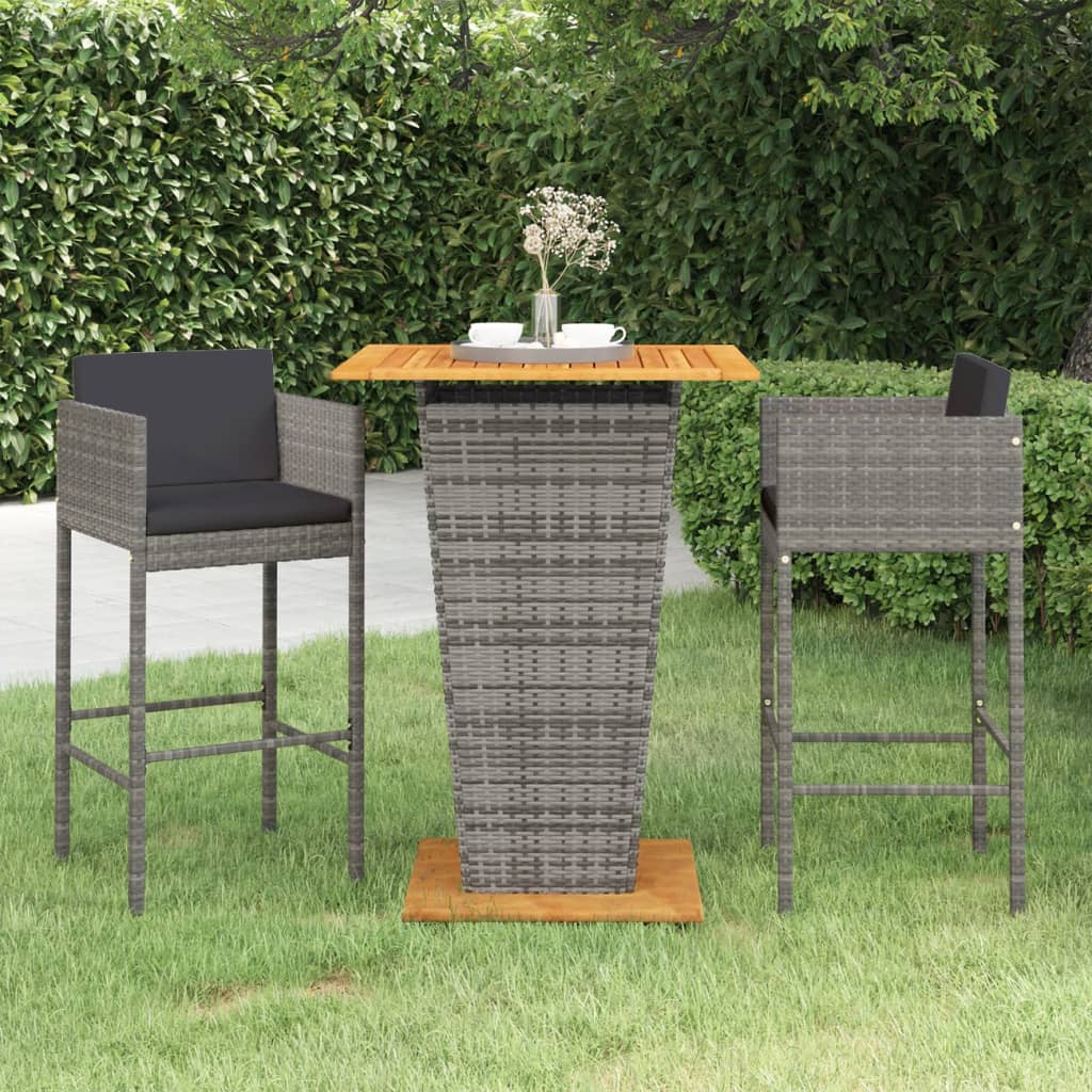 3 Piece Patio Bar Set with Cushions Poly Rattan Gray