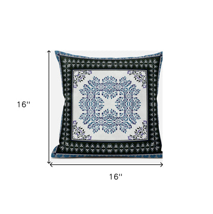 16" White Dark Blue and Light Blue Damask Indoor Outdoor Throw Pillow