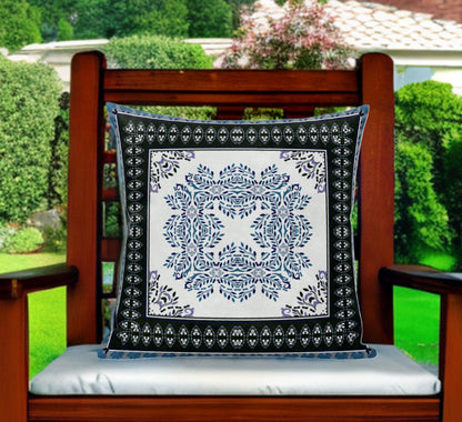 16" White Dark Blue and Light Blue Damask Indoor Outdoor Throw Pillow