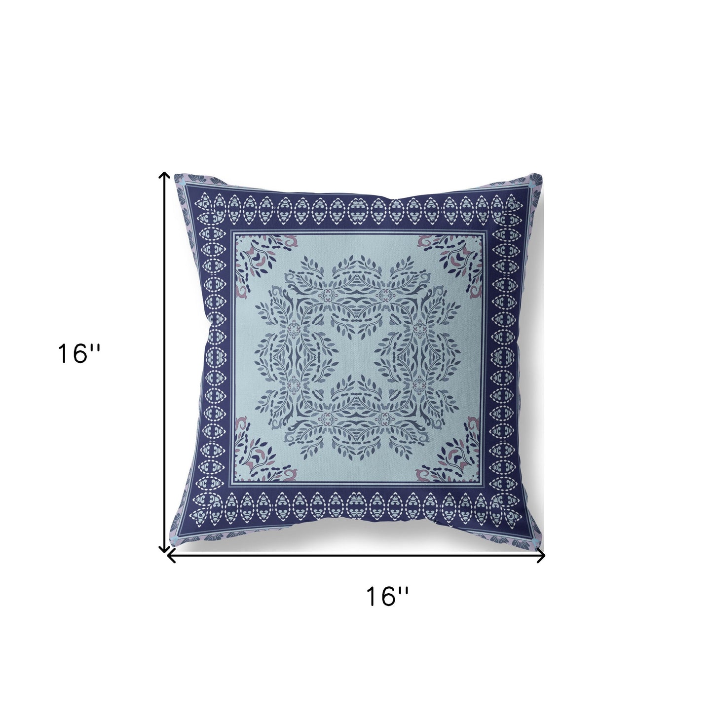 16" White Dark Blue and Light Blue Damask Indoor Outdoor Throw Pillow