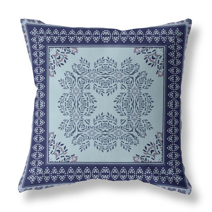 16" White Dark Blue and Light Blue Damask Indoor Outdoor Throw Pillow