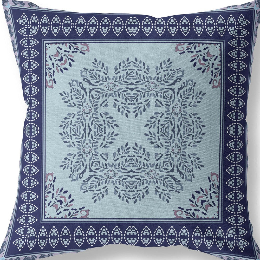 16" White Dark Blue and Light Blue Damask Indoor Outdoor Throw Pillow