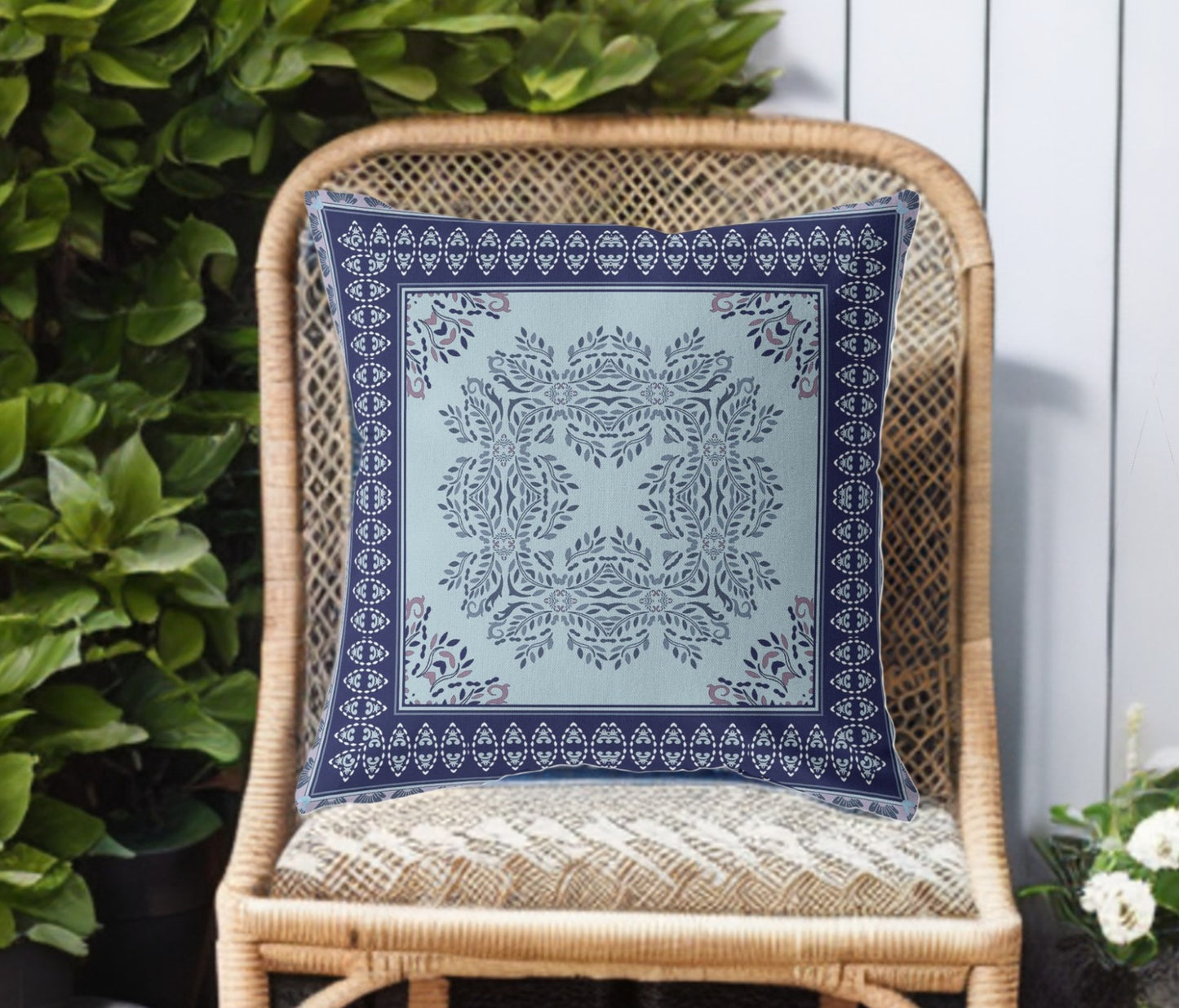 16" White Dark Blue and Light Blue Damask Indoor Outdoor Throw Pillow