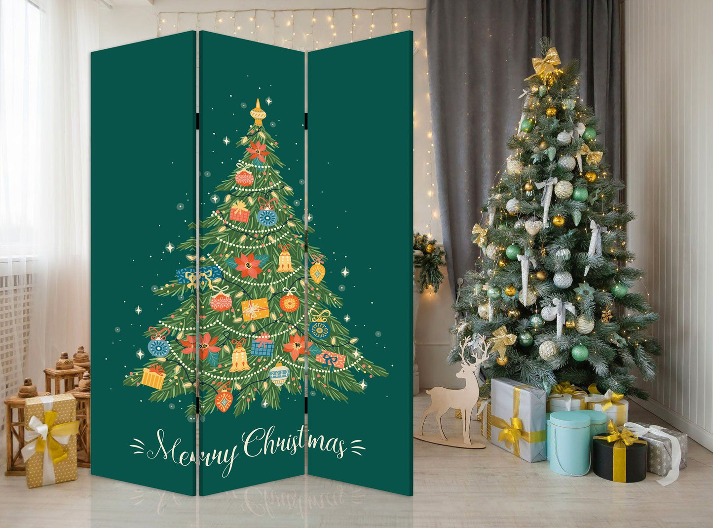 Festive Merry Christmas Three Panel Room Divider Screen