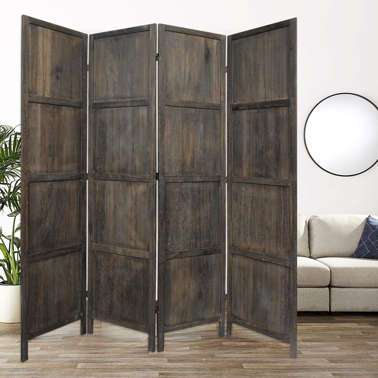 79" Brown Solid Wood Folding Four Panel Screen Room Divider