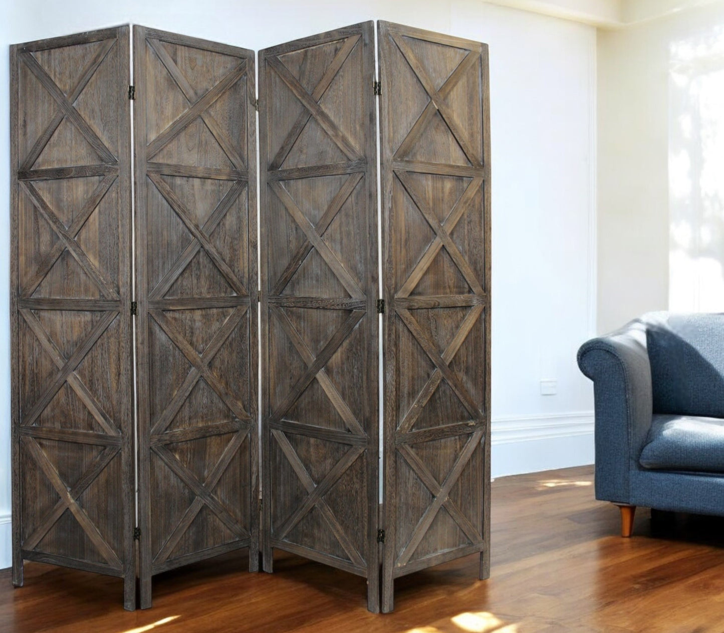 79" Brown Solid Wood Folding Four Panel Screen Room Divider