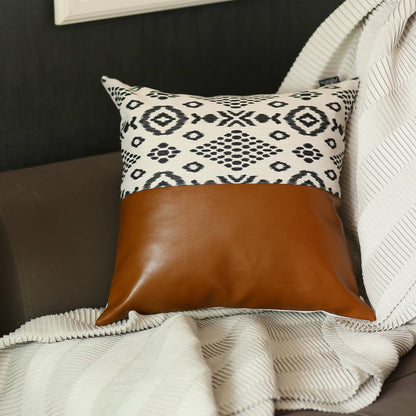 20" X 20" Brown Geometric Zippered Handmade Faux Leather Throw Pillow