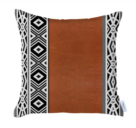 17" X 17" Brown Geometric Zippered Handmade Faux Leather Throw Pillow Cover