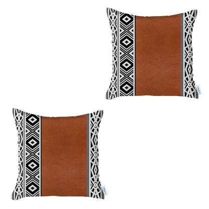 Set of Two 17" Brown and White Geometric Faux Leather Throw Pillow Cover