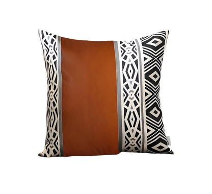 Set of Four Brown Black and White Geometric Faux Leather Throw Pillow Covers