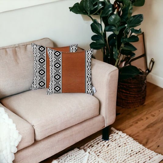 Set of Two 18" Brown and White Faux Leather Throw Pillow