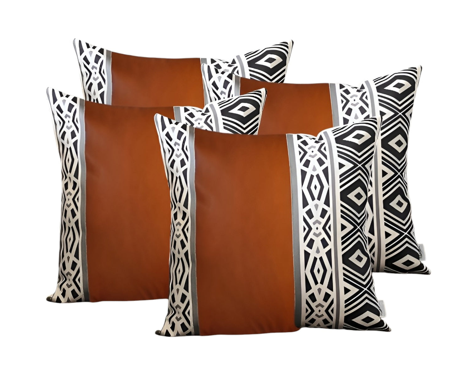 Set Of Four 18" X 18" Brown Faux Leather Geometric Zippered Pillow