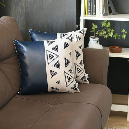 Set Of Two 17" X 17" Navy Blue Faux Leather Geometric Zippered Pillow Cover