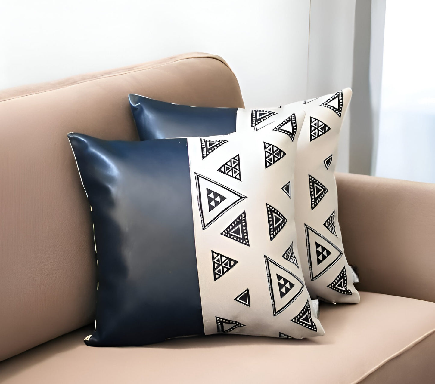 Set Of Two 17" X 17" Navy Blue Faux Leather Geometric Zippered Pillow Cover