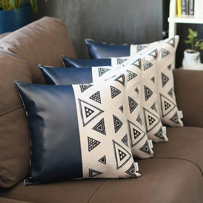 Set Of Four 17" X 17" Navy Blue Faux Leather Geometric Zippered Pillow Cover