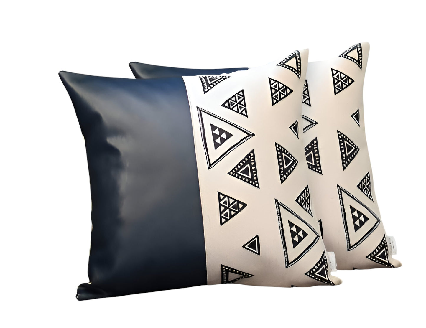 Set Of Two 18" X 18" Navy Blue Faux Leather Geometric Zippered Pillow