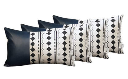 Set Of Four 12" X 20" Navy Blue Faux Leather Diamond Zippered Pillow Cover