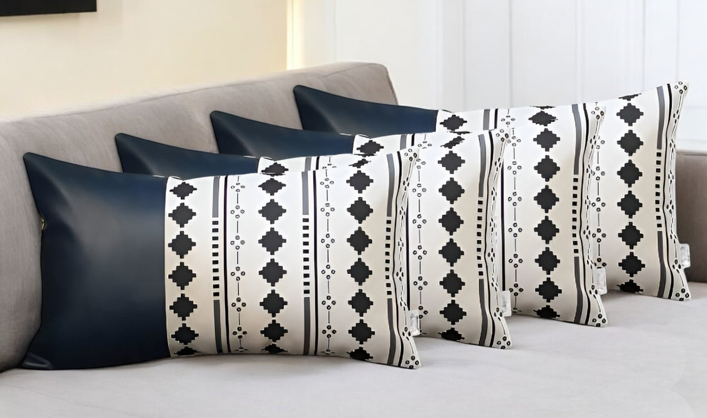 Set Of Four 12" X 20" Navy Blue Faux Leather Diamond Zippered Pillow Cover