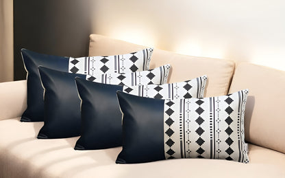 Set Of Four 20" X 12" Navy Blue Faux Leather Diamond Zippered Pillow