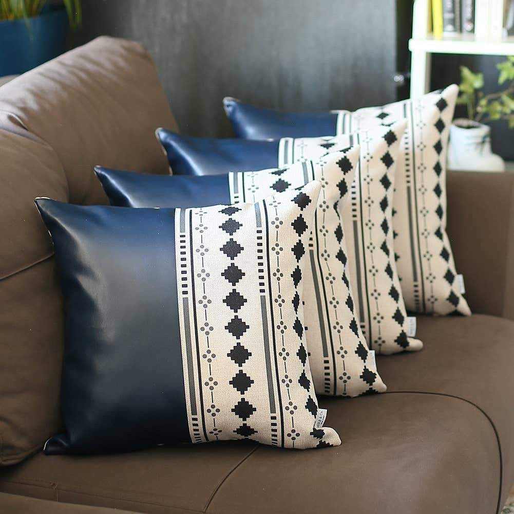 Set Of Four 17" X 17" Navy Blue Faux Leather Diamond Zippered Pillow